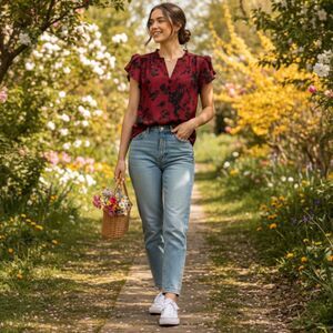 41 Hawthorn Burgundy Black Floral Short Sleeve Top l Size S